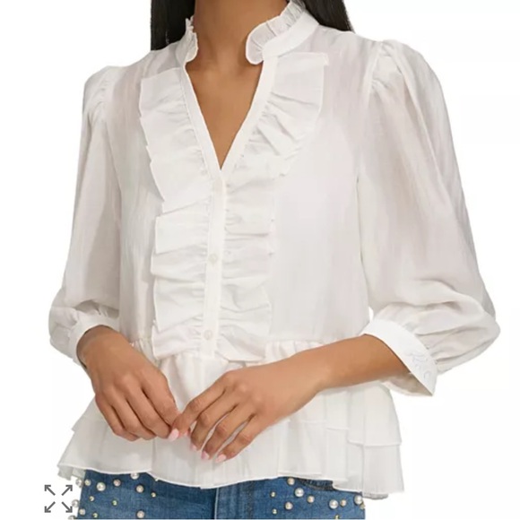 Karl Lagerfeld Tops - Karl Lagerfeld White Ruffle Front Peasant Blouse Cottagecore XL